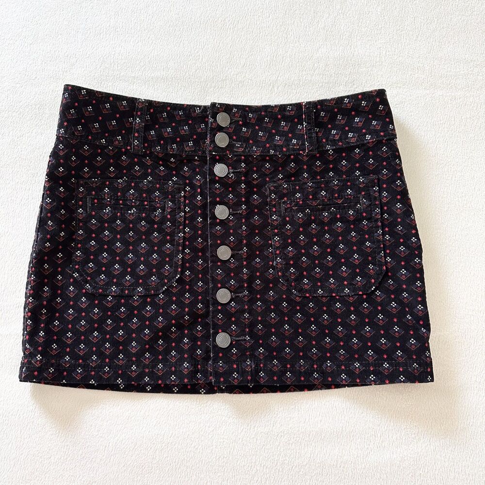 We The Free Corduroy Mini Skirt 26 Black Floral Button Front Boho Pockets
